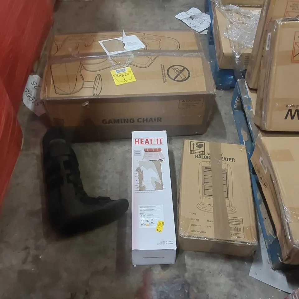PALLET OF ASSORTED HOUSEHOLD GOODS AND PRODUCTS TO INCLUDE: GAMING CHAIR, ELECTRIC FLOOR HEATING, ANKLE SPLINT, HALOGEN HEATER ECT