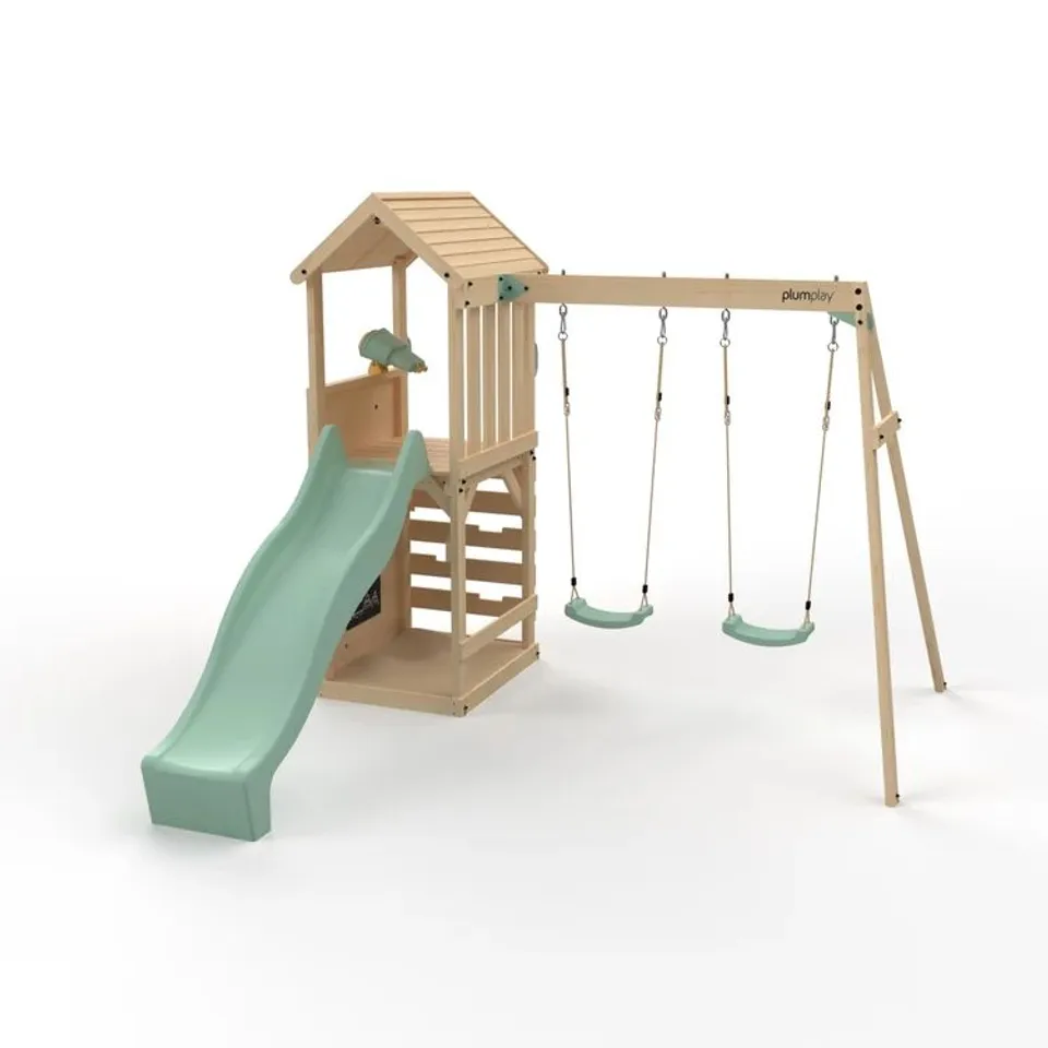 BOXED PLUM LOOKOUT TOWER WOODEN PLAYCENTRE WITH SLIDE AND DOUBLE SWING - PASTEL GREEN (6 PARTS)