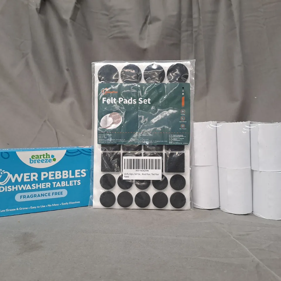 APPROXIMATELY 10 ASSORTED HOUSEHOLD ITEMS TO INCLUDE DISHWASHER TABLETS, FELT PADS SET, ETC