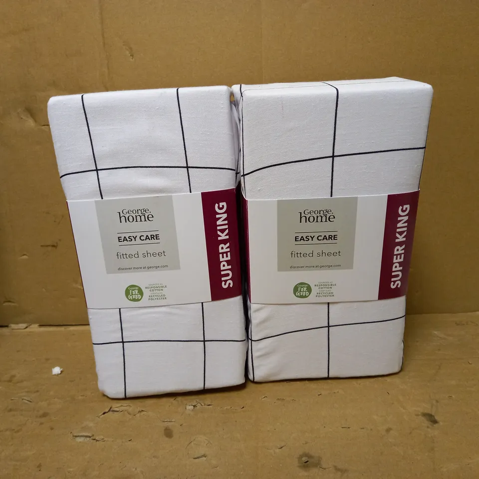BOX OF 2 BRAND NEW GEORGE HOME PRINTED CHECK EASY CARE FITTED SHEETS - SUPERKING