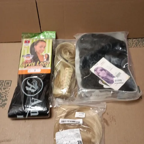 BOX OF APPROXIMATELY 15 HAIR PIECES AND WIGS VARIOUS COLOURS AND STYLES