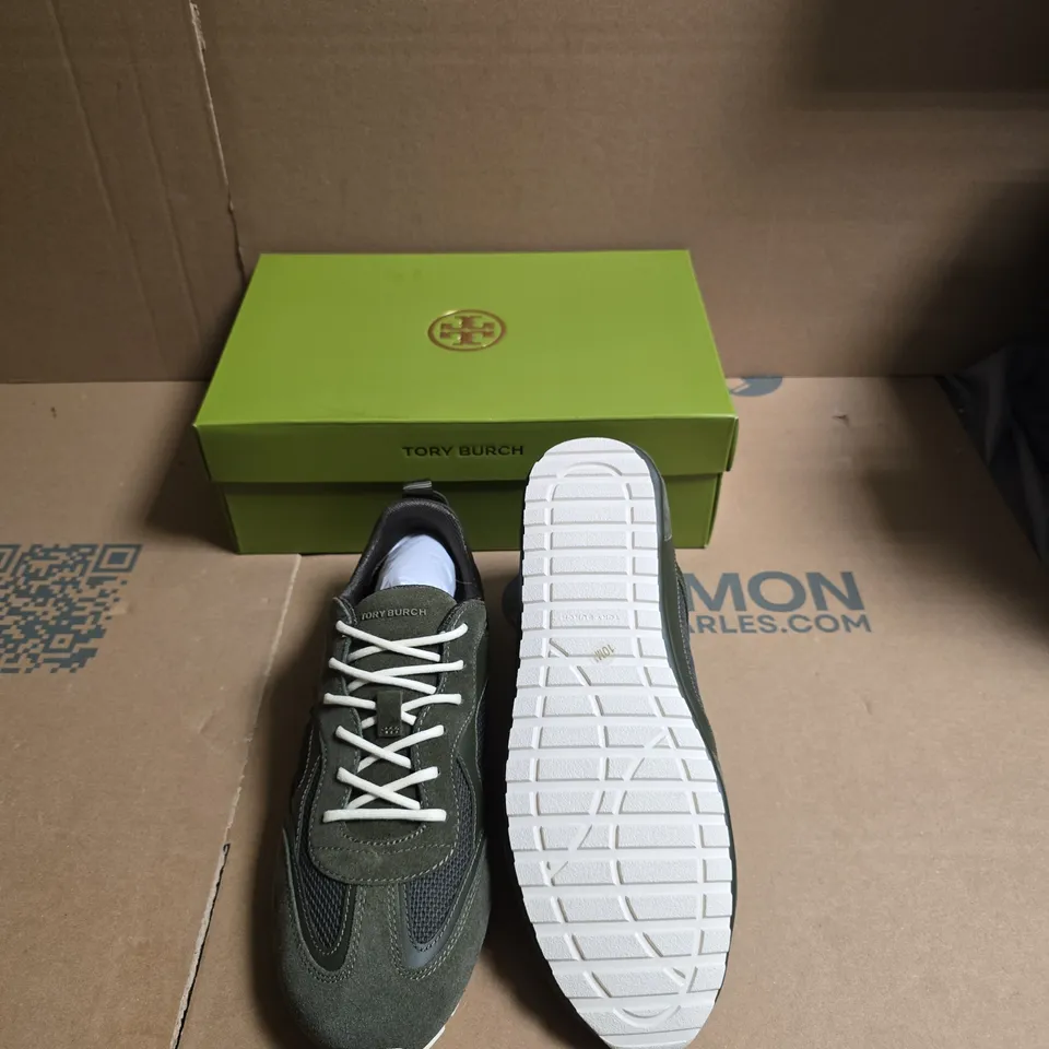 TORY BURCH SNEAKERS – OLIVE/KHAKI GREEN WITH WHITE LACES (BOXED) - US SIZE 10