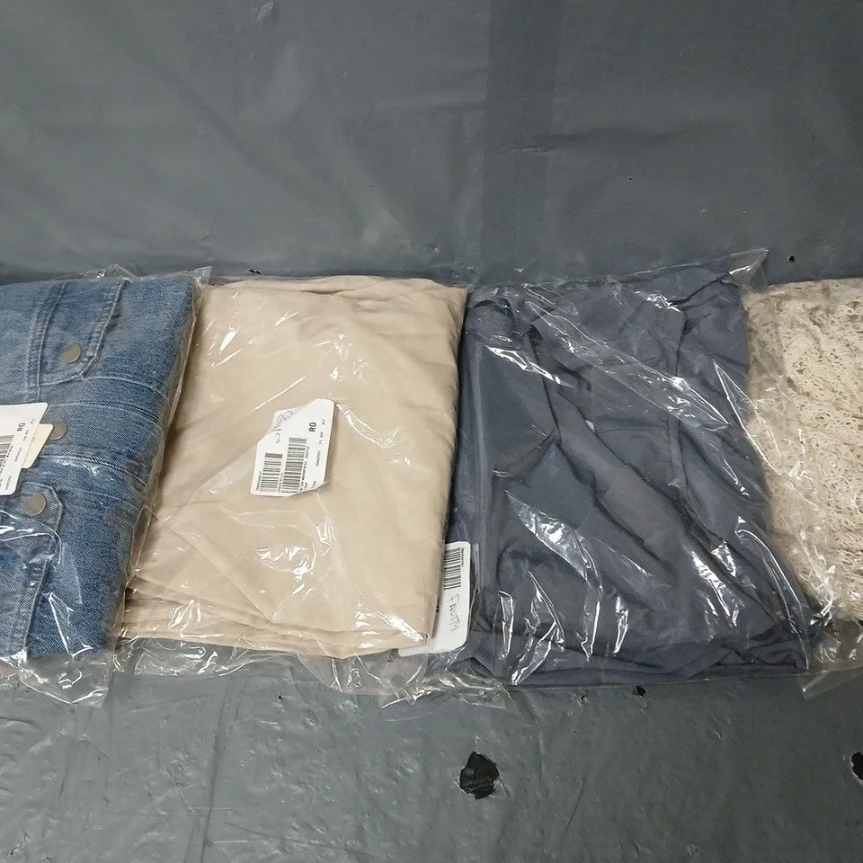 BOX OF APPROXIMATELY 8 ASSORTED BAGGED PIECES OF CLOTHING IN VARIOUS STYLES, SIZES, AND BRANDS 