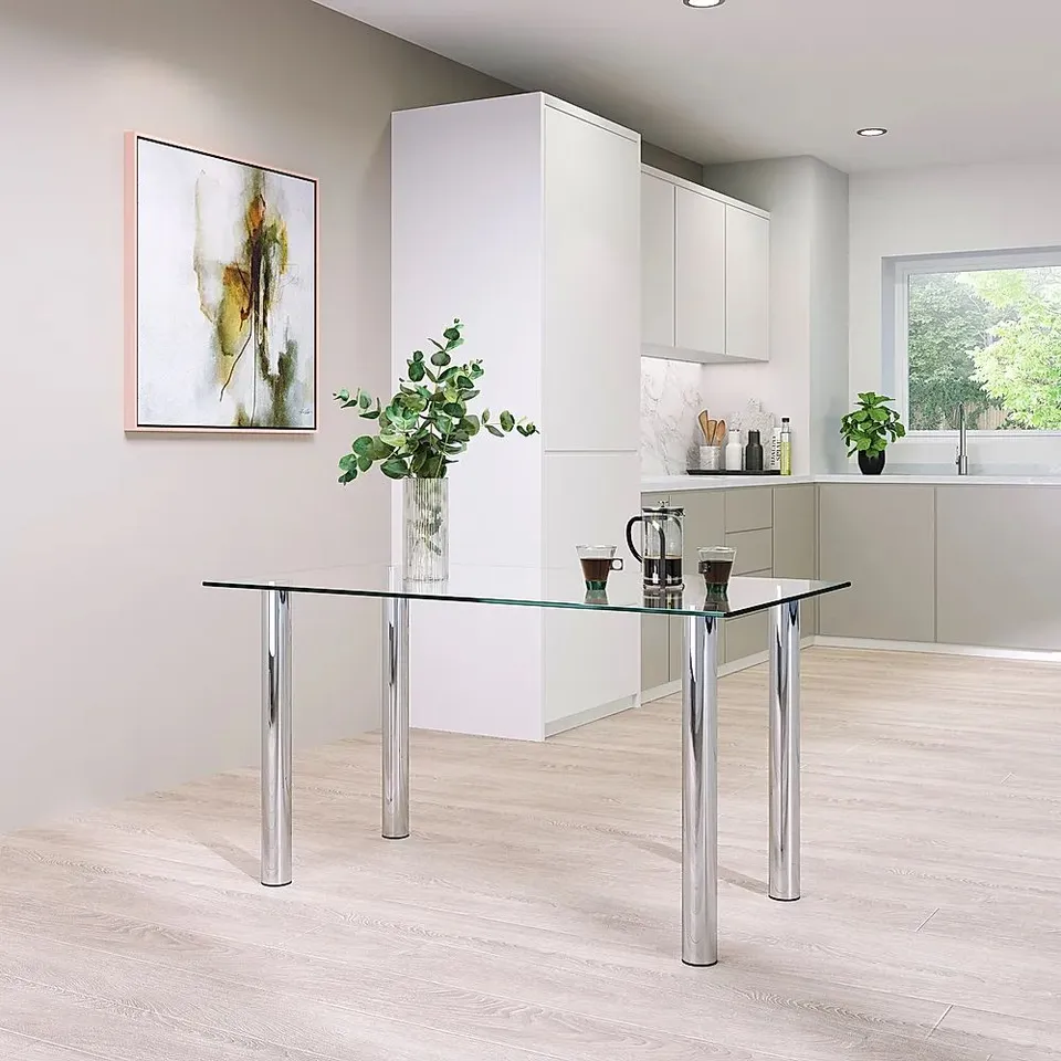 BOXED DESIGNER LUNAR CHROME & GLASS 140CM DINING TABLE (2 BOXES)