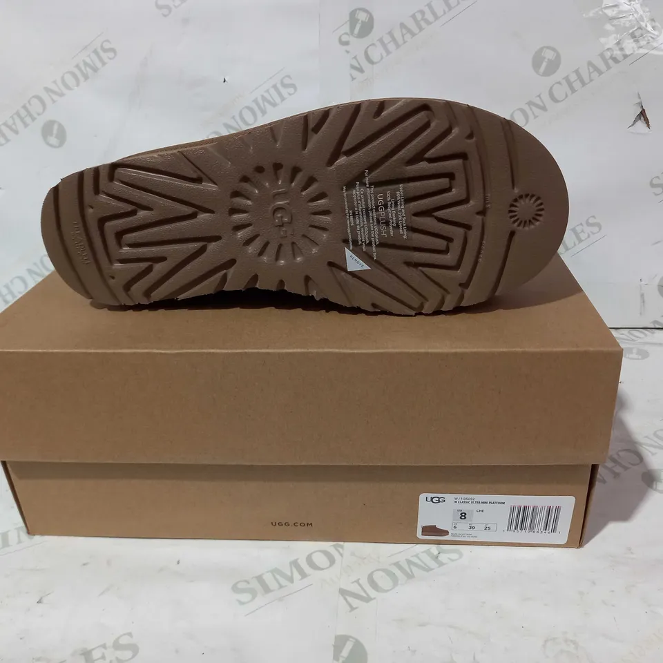 BOXED PAIR OF UGG CLASSIC ULTRA MINI PLATFORM SHOES IN BROWN UK SIZE 6