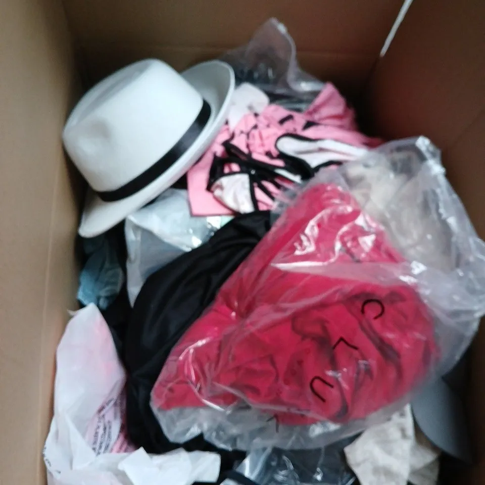 APPROXIMATELY 20 ASSORTED CLOTHING PRODUCTS IN VARIOUS STYLES & SIZES TO INCLUDE PANTS, T-SHIRTS, DRESSES ETC