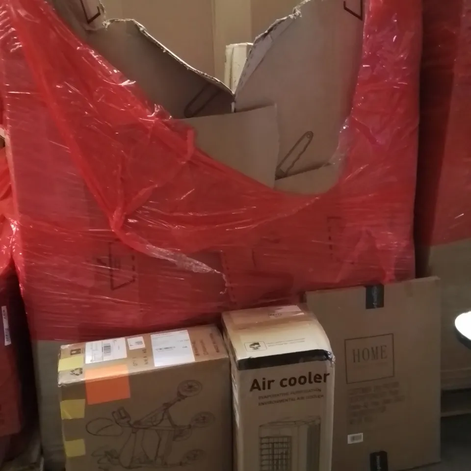 PALLET OF ASSORTED HOUSEHOLD GOODS AND PRODUCTS TO INCLUDE;BABY WALKER,AIR COOLER,PICTURE FRAME 
