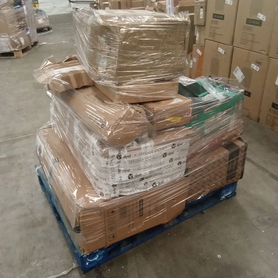 PALLET OF ASSORTED HOUSEHOLD GOODS AND PRODUCTS TO INCLUDE; GARDEN FURNITURE, JARS, FLOOR FAN ETC