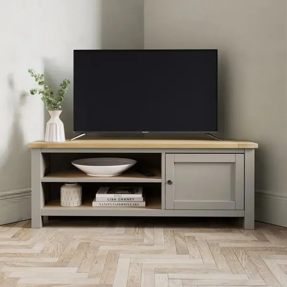 BOXED OLNEY CORNER TV UNIT FOR TVS UP TO 55" - STONE (1 BOX)