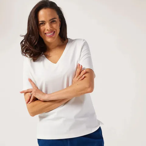 RUTH LANGSFORD V-NECK SMART JERSEY TOP WHITE SIZE SMALL