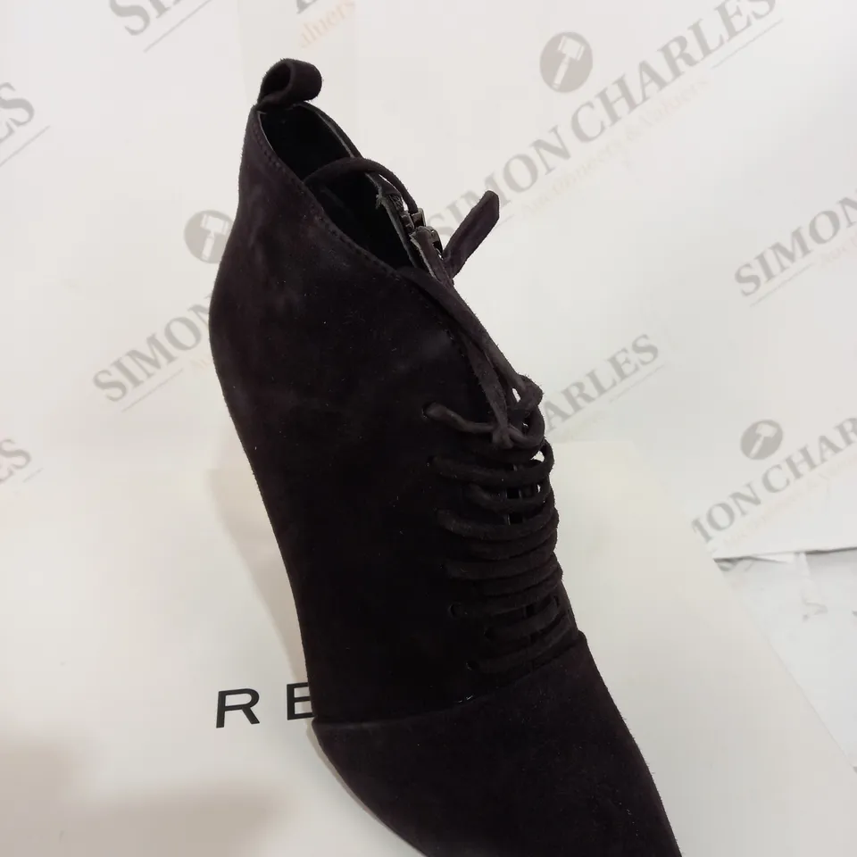 BOXED REISS SUEDE CHOCOLATE BOOT HEELS - SIZE 5
