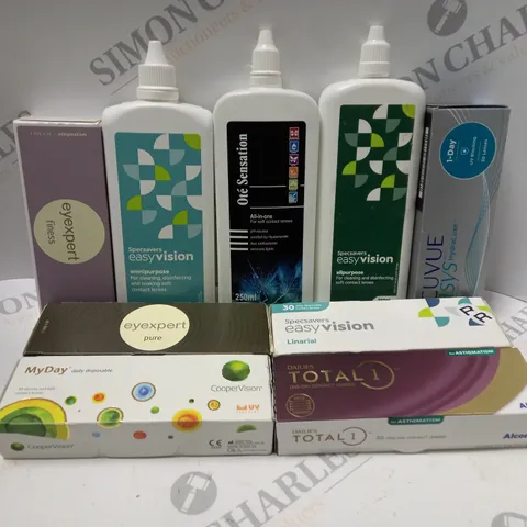 BOX OF APPROX 25 ASSORTED CONTACT LENSES AND CONTACT LENSE SOLUTIONS