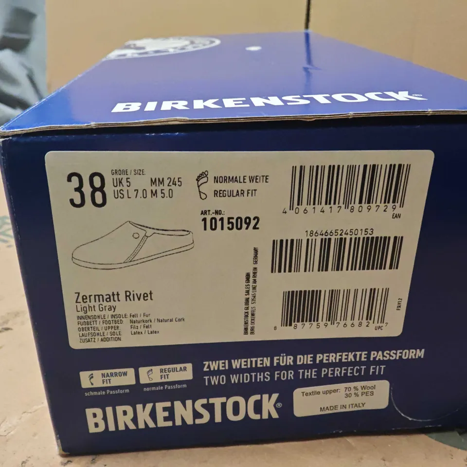 BOXED BIRKENSTOCK ZERMATT RIVET SLIPPERS – LIGHT GRAY, UK 5 (EU 38)