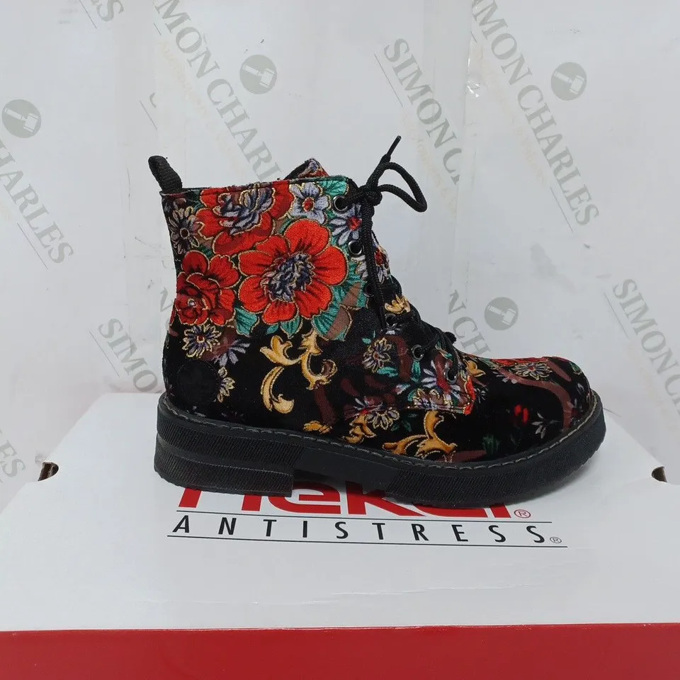 BOXED PAIR OF RIEKER LACE UP BOOTS MULTI/FLORAL PATTERN - SIZE 5