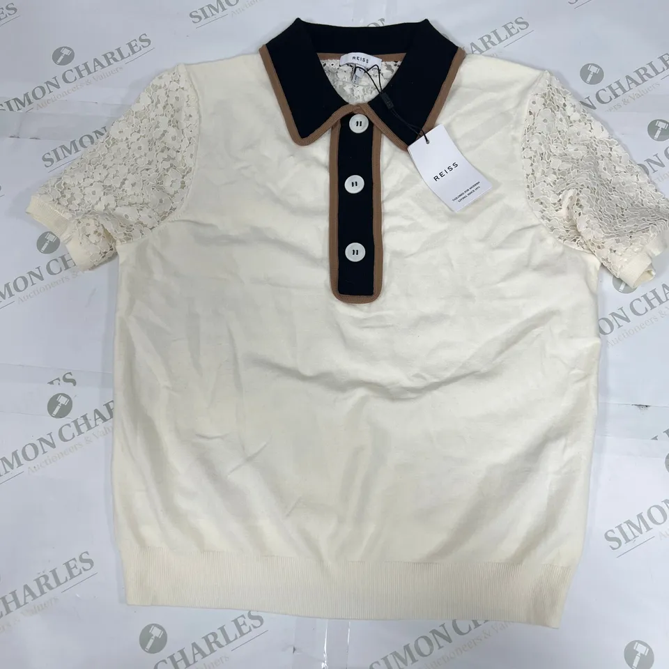REISS BUTTONED POLO SHIRT IN CREAM SIZE LARGE