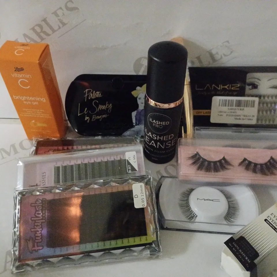 LOT OF APPROX. 10 EYE COSMETICS TO INCLUDE REVOLUTION BIG LASH MASCARA, ILASHED PRO LASH AND BROW CLEANSER, BOURJOIS PALETTE LE SMOKY EYESHADOW, ARTIFICIAL EYELASHES ETC.