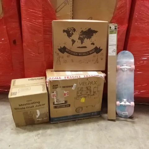 PALLET OF ASSORTED HOUSEHOLD GOODS AND PRODUCTS TO INCLUDE; SKATEBOARD, FRUIT JUICER, AIR COMPRESSORS, FLEXI-BOARDER ETC