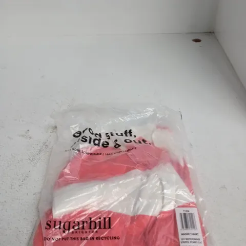 SUGARHILL MAGGIE T-SHIRT β OFF WHITE/ORANGE STRIPES, STARRY CAT, UK 12