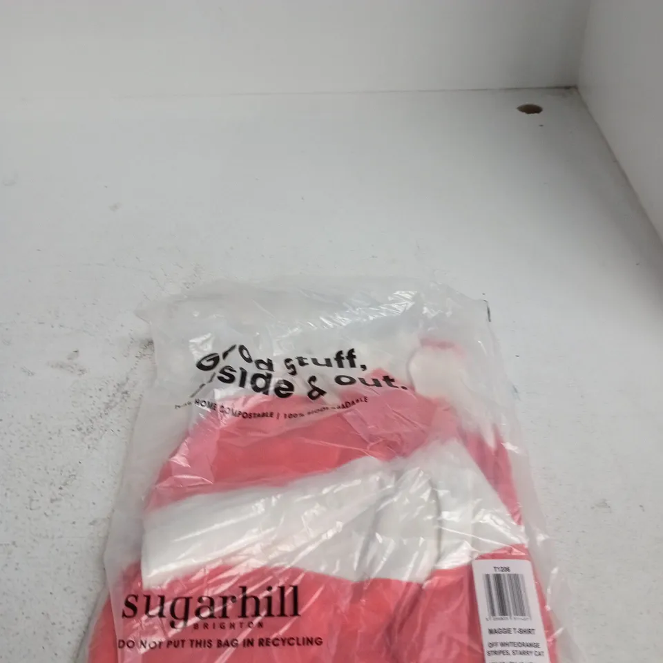 SUGARHILL MAGGIE T-SHIRT – OFF WHITE/ORANGE STRIPES, STARRY CAT, UK 12