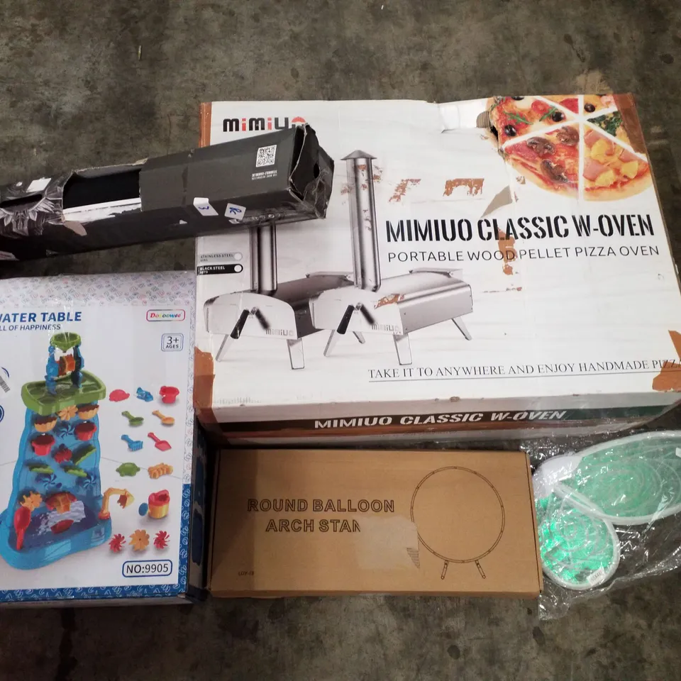 PALLET OF ASSORTED PRODUCTS INCLUDING PORTABLE WOOD PELLET PIZZA OVEN, ROUND BALLOON ARCH STAND, WATER TABLE, FAIRY WINGS, GAMING MOUSE PAD