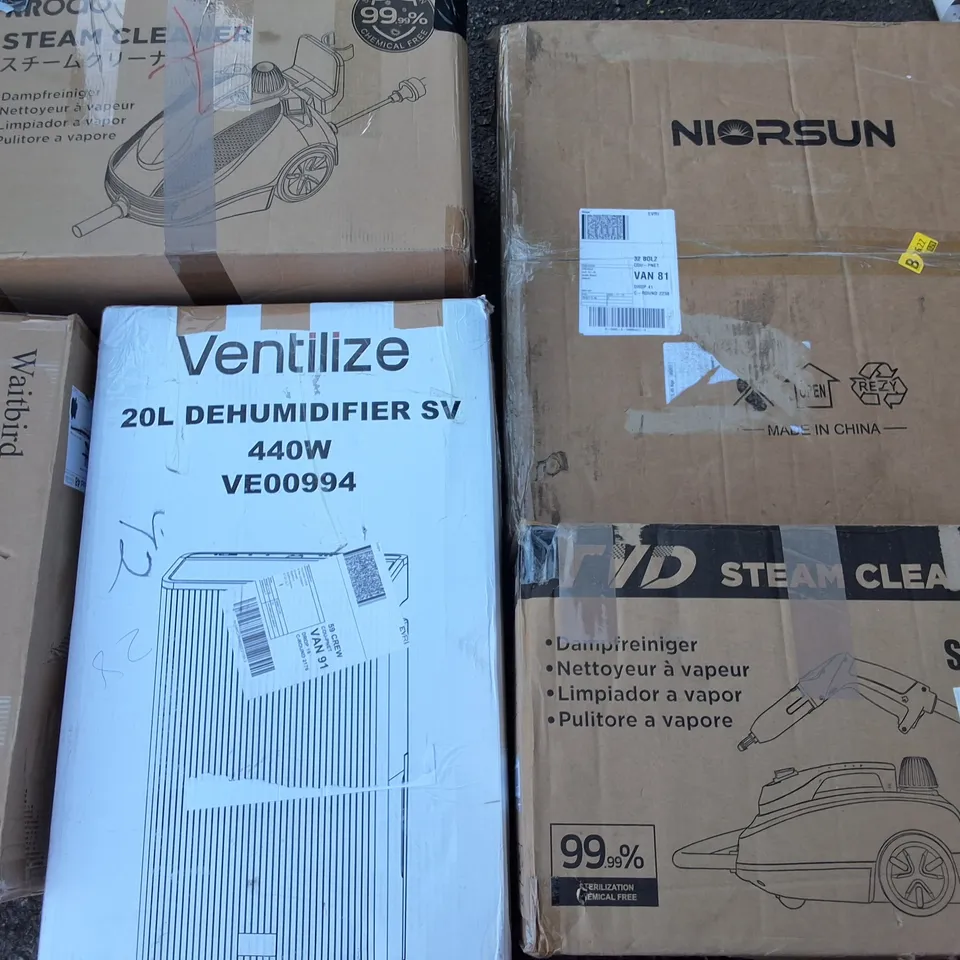 PALLET OF ASSORTED HOUSEHOLD ITEMS TO INCLUDE 20L DEHUMIDIFIER, STEAM CLEANER AND LED CEILING LIGHT 
