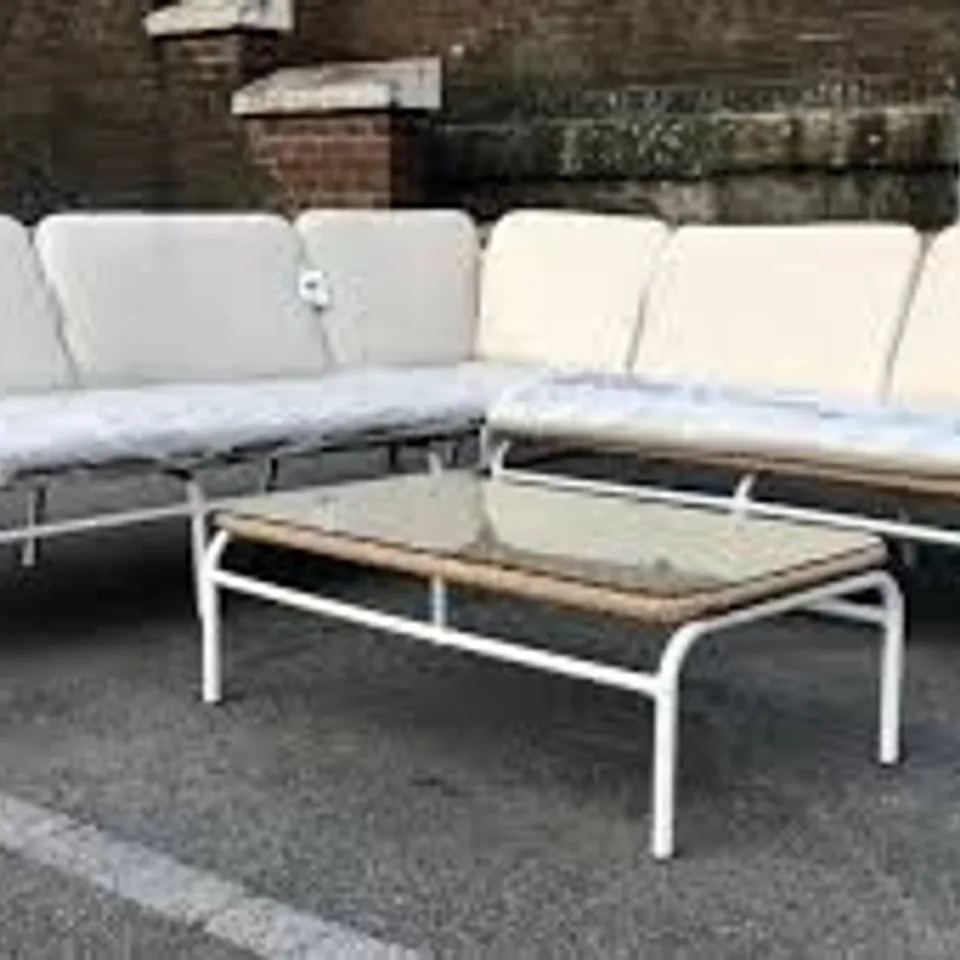 BOXED RHONDA GARDEN CORNER SET IN NATURAL POLY WEAVE AND WHITE - 1 BOX