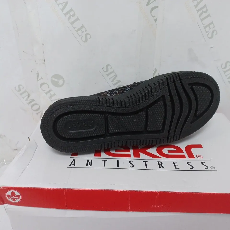 BOXED PAIR OF RIEKER FLORAL TRAINERS IN BLACK SIZE 5 