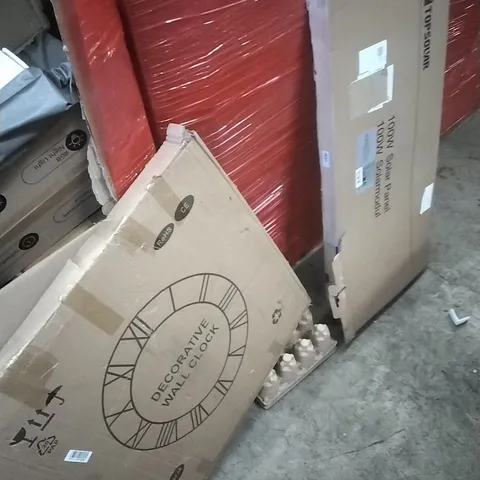 PALLET OF ASSORTED HOUSEHOLD GOODS AND PRODUCTS TO INCLUDE; MIRROR, WALL CLOCK, SOLAR PANEL BOXED FURNITURE ETC
