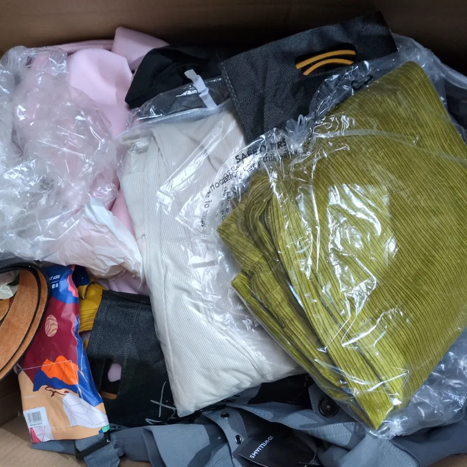 LARGE BOX OF APPROXIMATELY 25 ASSORTED CLOTHING ITEMS IN VARIOUS COLOURS, STYLES AND SIZES - COLLECTION ONLY