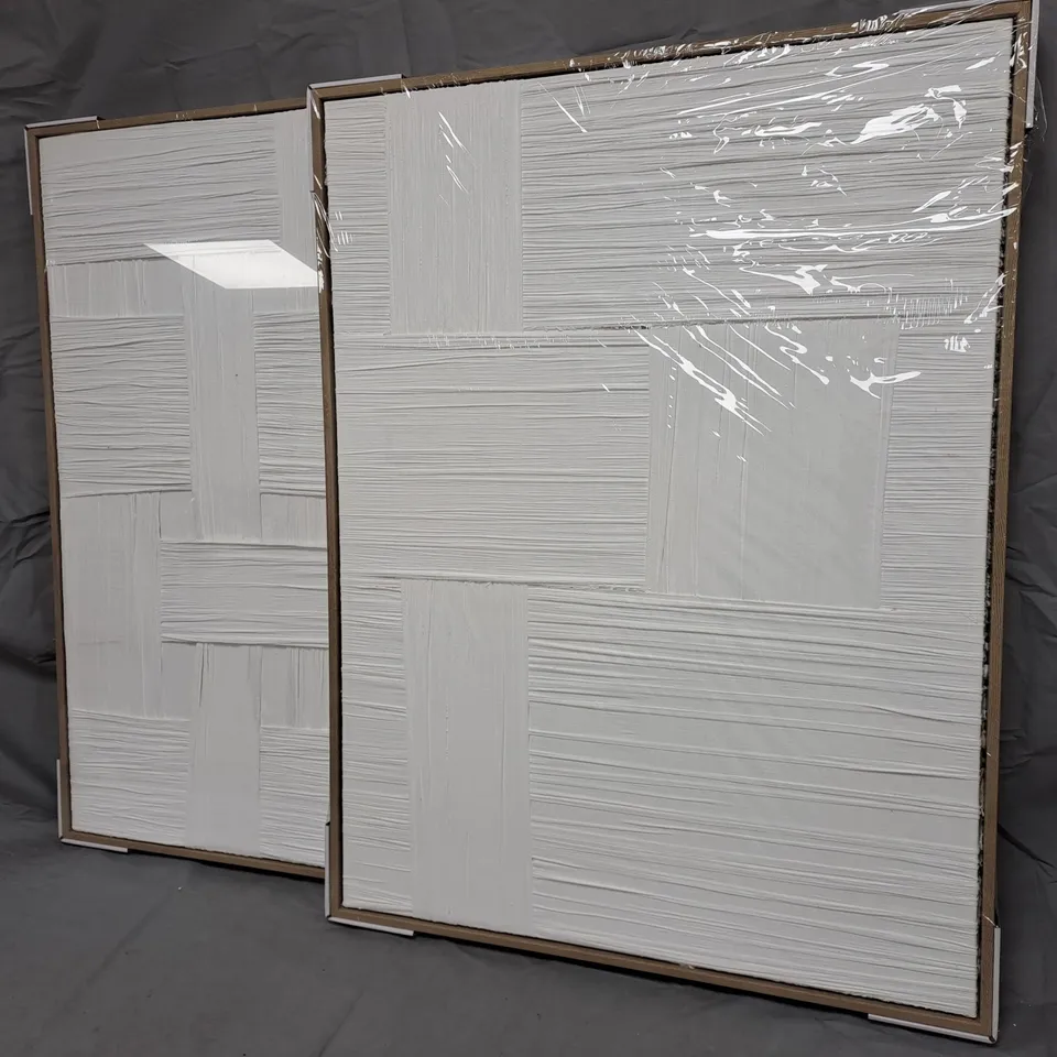 WHITE WOVEN FABRIC FRAMED CANVAS WALL ART (SET OF 2) - COLLECTION ONLY
