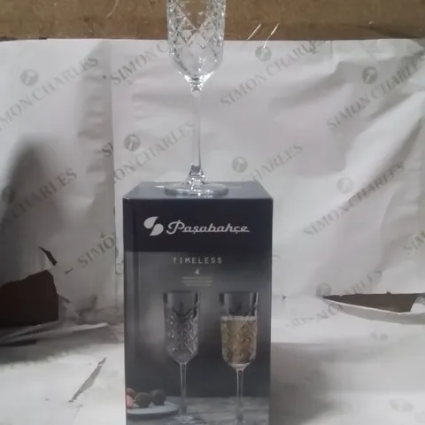 BOXED PASABAHCE TIMELESS CHAMPAGNE GLASSES APPROXIMATELY 4