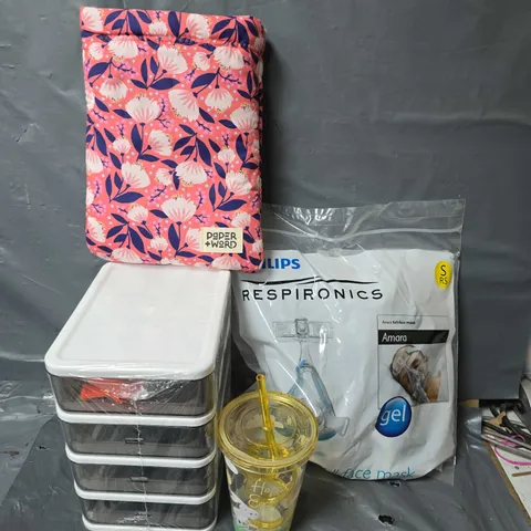 BOX OF APPROXIMATELY 12 ASSORTED ITEMS TO INCLUDE - PHILIPS AMARA FULL FACE MASK , PLASTIC BOTTLE , PAPER + WORD ETC