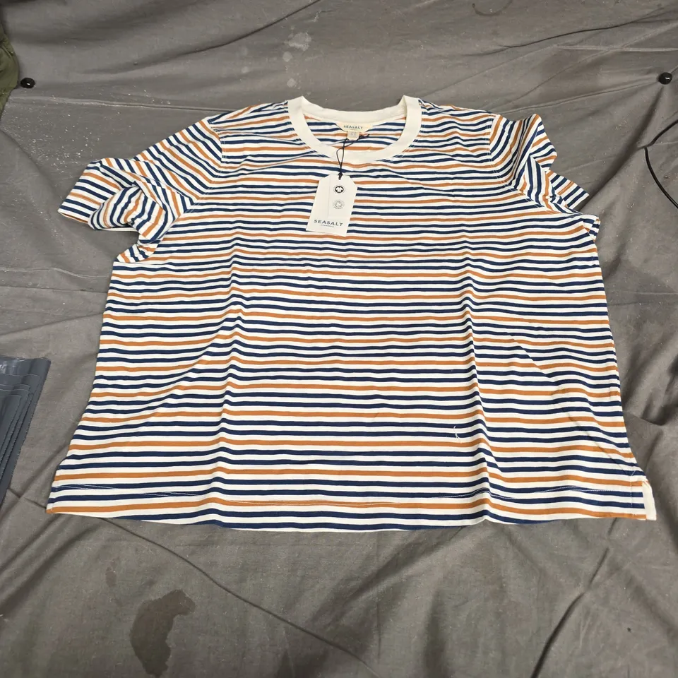 Seasalt Cornwall Striped Top – White with Navy & Orange stripes, Women's UK18