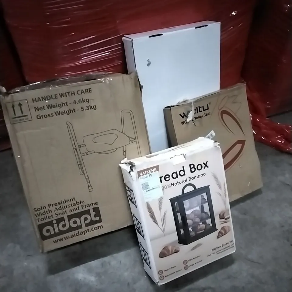 PALLET OF HOUSEHOLD ITEMS TO INCLUDE SHOWER MIXER SYSTEM, ADJUSTABLE TOILET SEAT AND FRAME, TOILET SEAT,  BREAD BOX AND OTHER ASSORTED ITEMS...