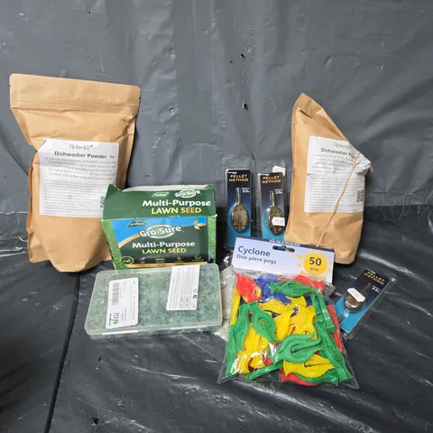 APPROXIMATELY 15 ASSORTED HOUSEHOLD ITEMS TO INCLUDE DISHWASHER POWDER. MULTI-PURPOSE LAWN SEED, PELLET METHOD SMALL 35G, ETC -