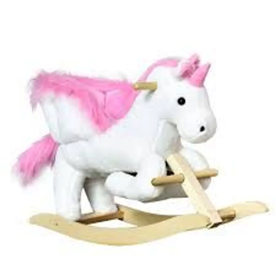 BOXED HOMCOM KIDS ROCKING HORSE TOY, PLUSH UNICORN ROCKER SEAT WITH WOOD BASE AND MUSIC, FOR 1.5-3 YEARS