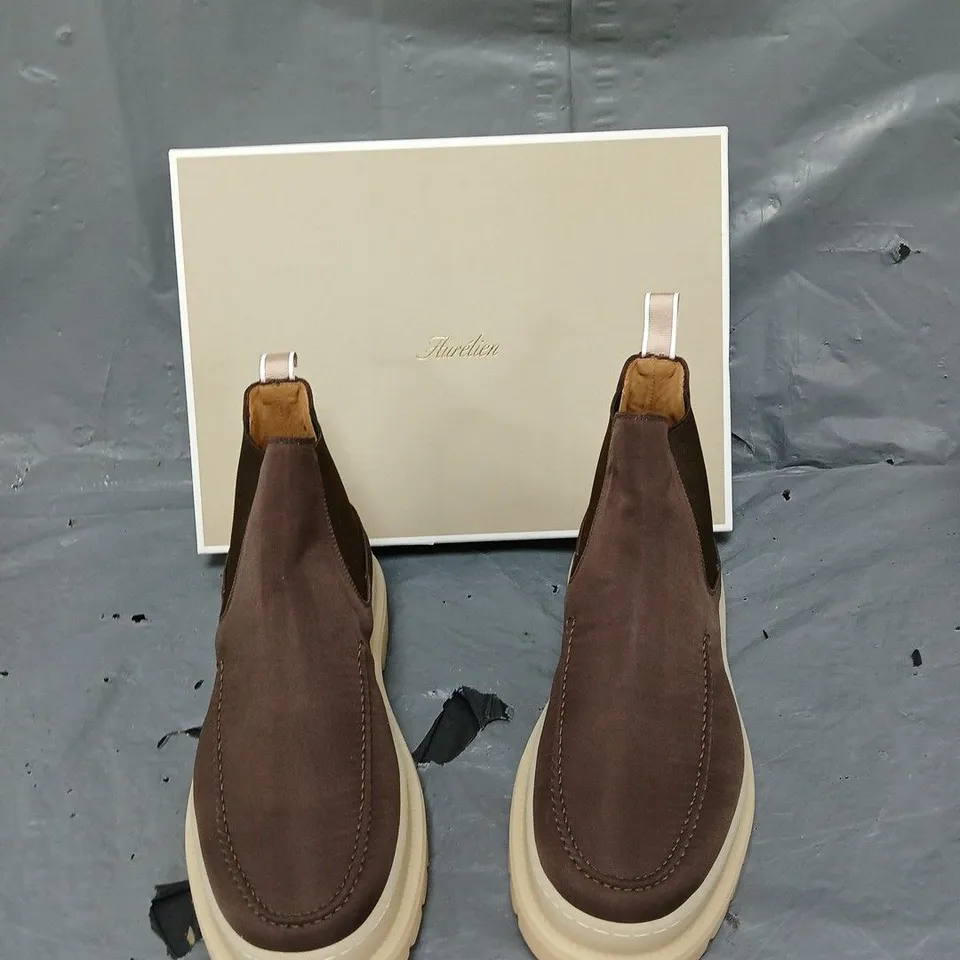 BOXED PAIR OF AURELIEN MEN SNOW CHELSEA BOOT IN BORWN SIZE 42 