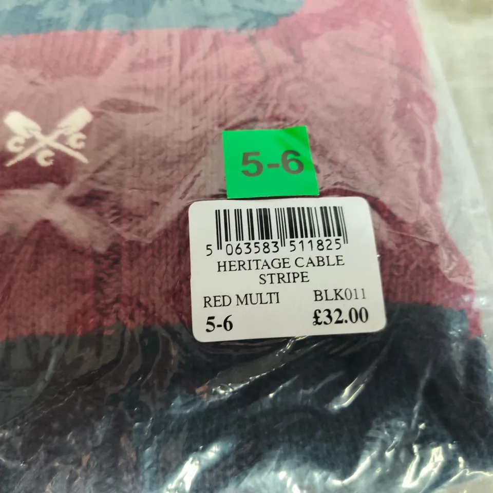 CREW CLOTHING COMPANY UK 5-6 HERITAGE CABLE STRIPE KNITWEAR – RED MULTI (KIDS)