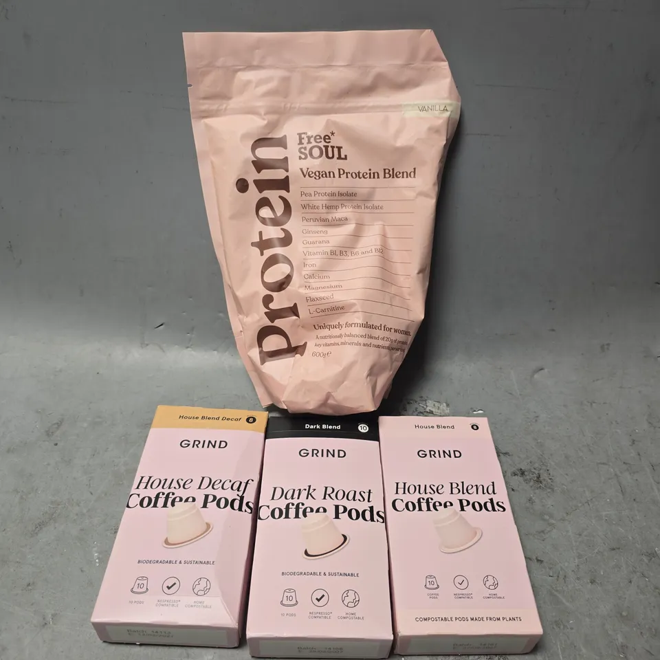 APPROXIMATELY 7 ASSORTED FOOD ITEMS TO INCLUDE - FREE SOUL PROTEIN VEGAN PROTEIN BLEND , GRIND HOUSE BLEND , GRIND DARK BLEND ETC