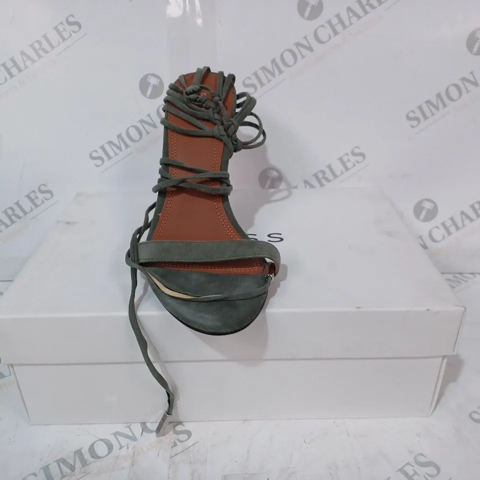 BOXED PAIR OF REISS ZHANE STRAPPY SUEDE HEELS IN GREEN SIZE 6