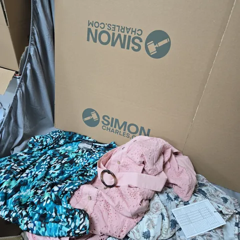 WOMEN'S CLOTHING LOT – MIXED DRESSES & BLOUSES, ASSORTED PRINTS BOX OF APPROXIMATELY  10 ITEMS OF CLOTHING .