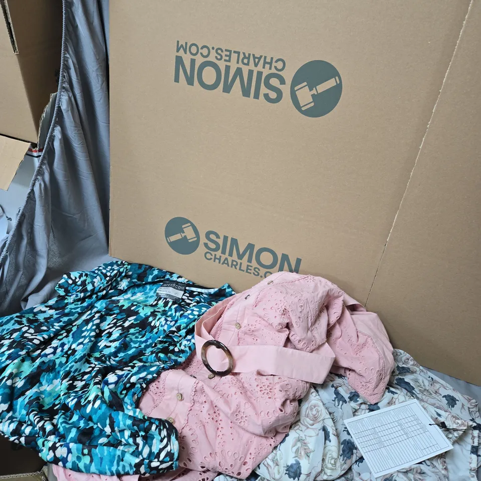 WOMEN'S CLOTHING LOT – MIXED DRESSES & BLOUSES, ASSORTED PRINTS BOX OF APPROXIMATELY  10 ITEMS OF CLOTHING .