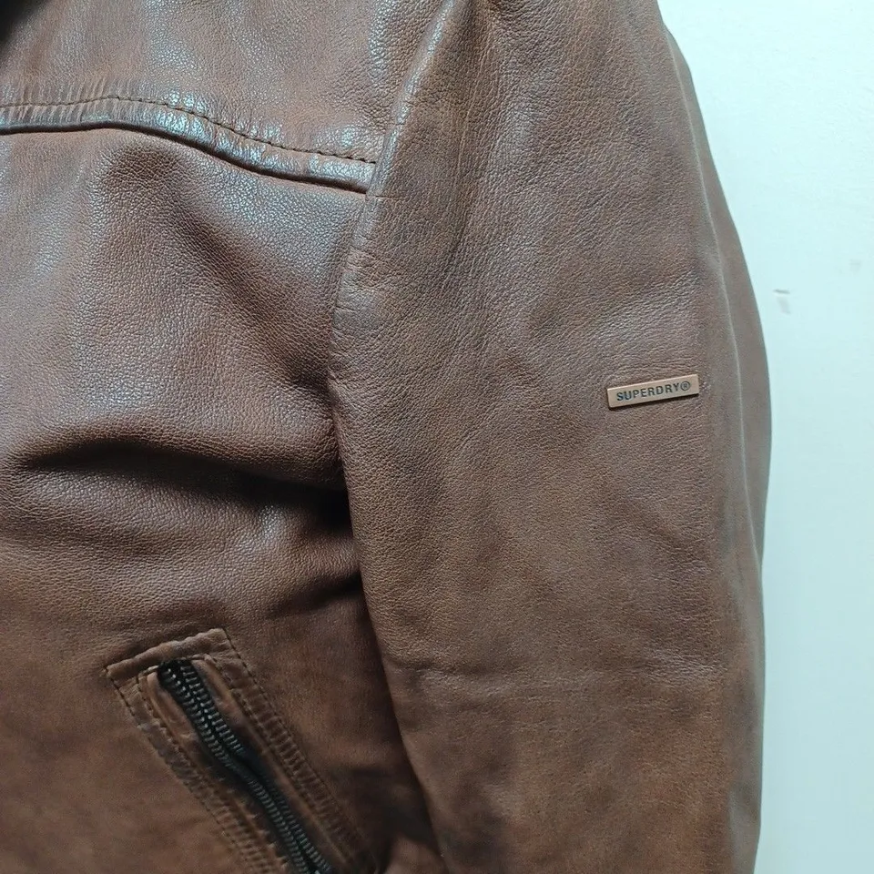 SUPERDRY LEATHER BORG COLLAR JACKET IN CHOCOLATE BROWN - 8