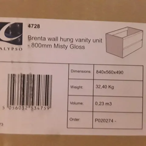 BOXED CALYPSO BRENTA WALL HUNG VANITY UNIT - 800MM (MISTY GLOSS)