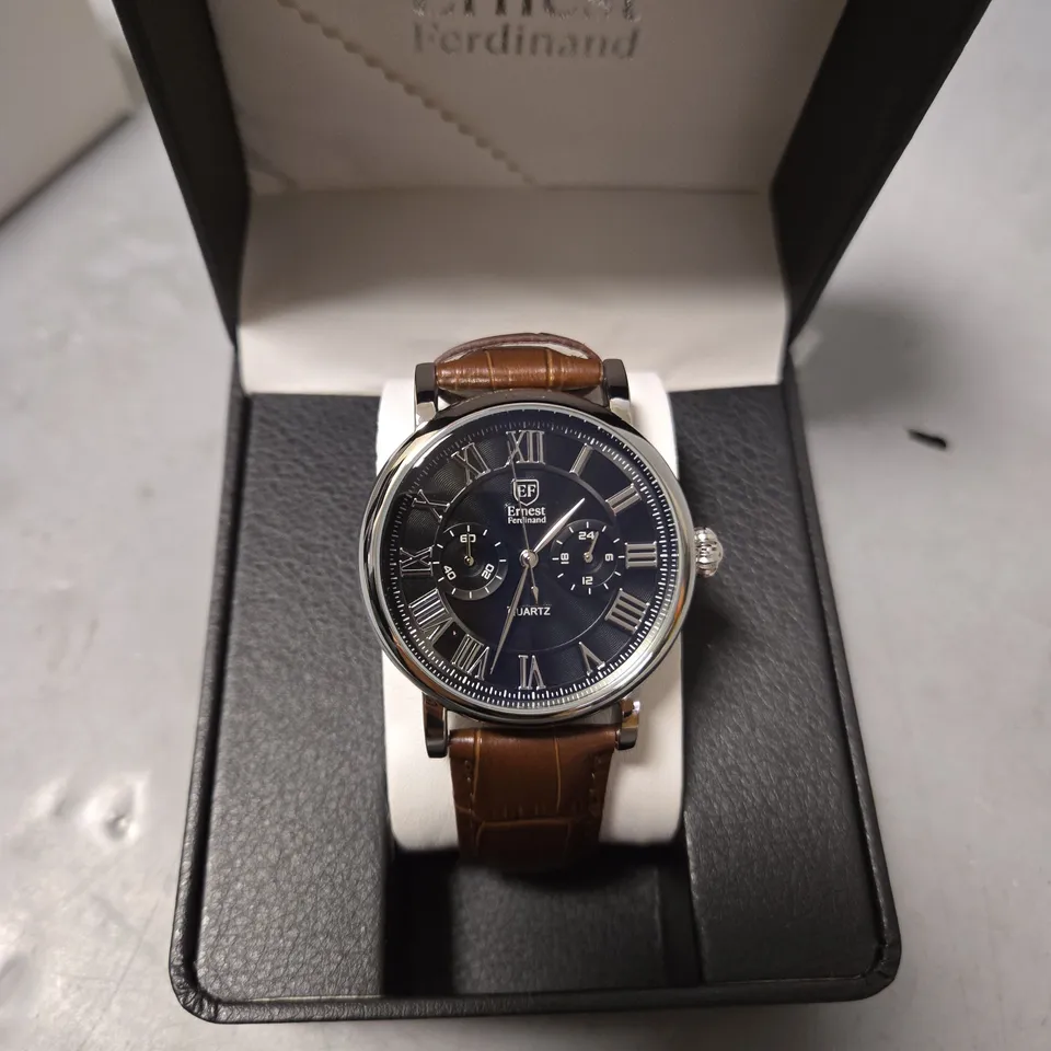 BOXED ERNEST FERDINAND MENS BLACK DIAL BROWN LEATHER STRAP WATCH