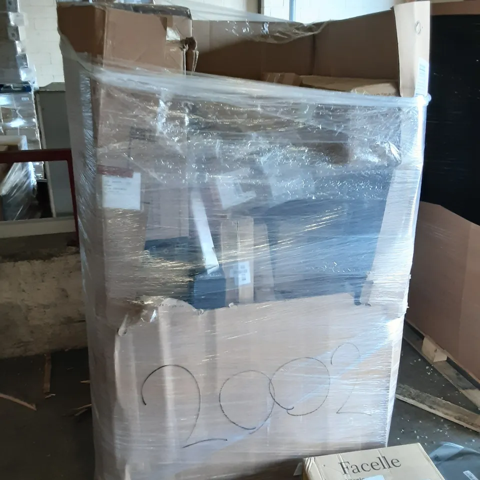 PALLET OF ASSORTED PRODUCTS INCLUDING FACELLE ROBOT PATISSERIE, LEVEL 8 SUITCASE, LONG ARM TV WALL MOUNT, DEFENDER DOOR BRACE, EONBON BREAD MAKER 