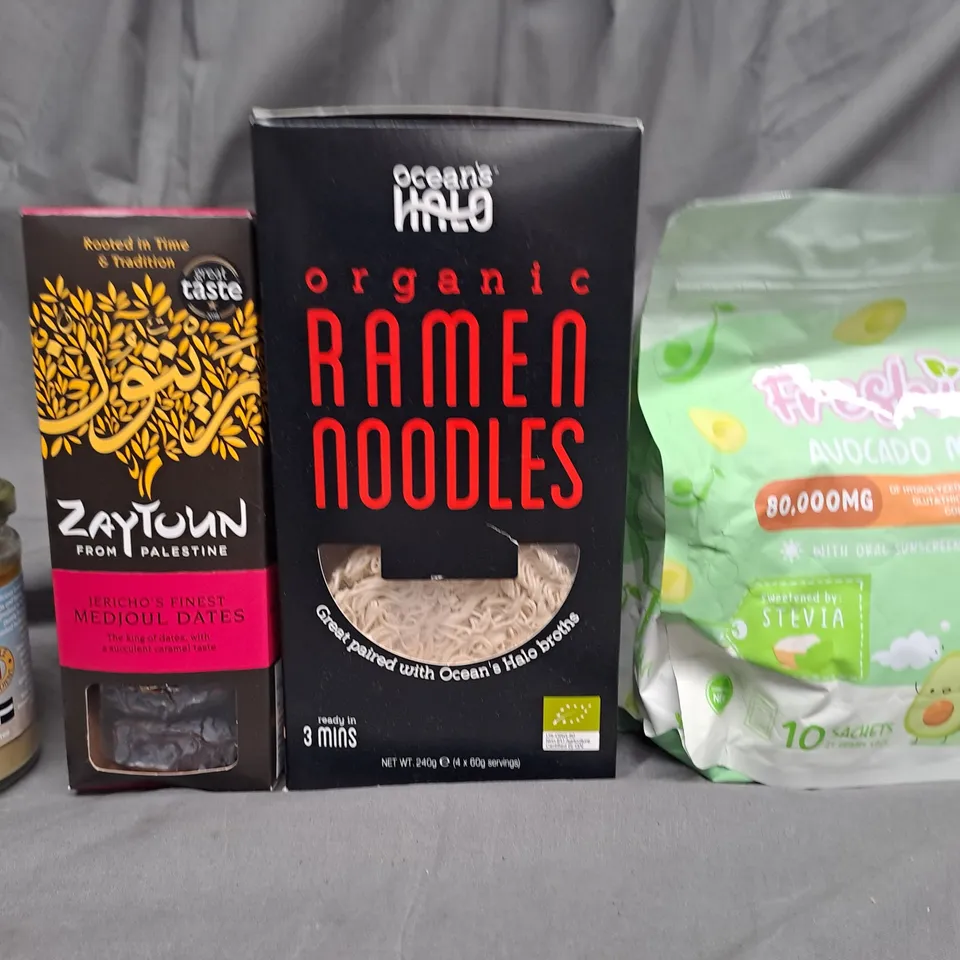 BOX OF APPROXIMATELY 10 ITEMS TO INCLUDE ORGANIC RAMEN NOODLES, AVOCADO MILK, DATES ETC