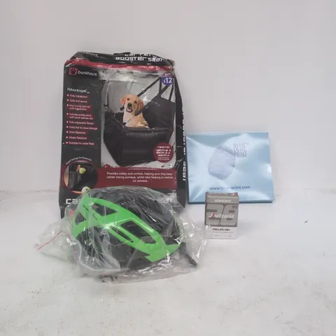 BOX OF APPROXIMATELY 20 ASSORTED AUTO/RELATED ITEMS TO INCLUDE CAR PET BOOSTER SET, BLUE PRINT CABIN FILTER, HELMET, BICYCLE INNER TUBE ETC