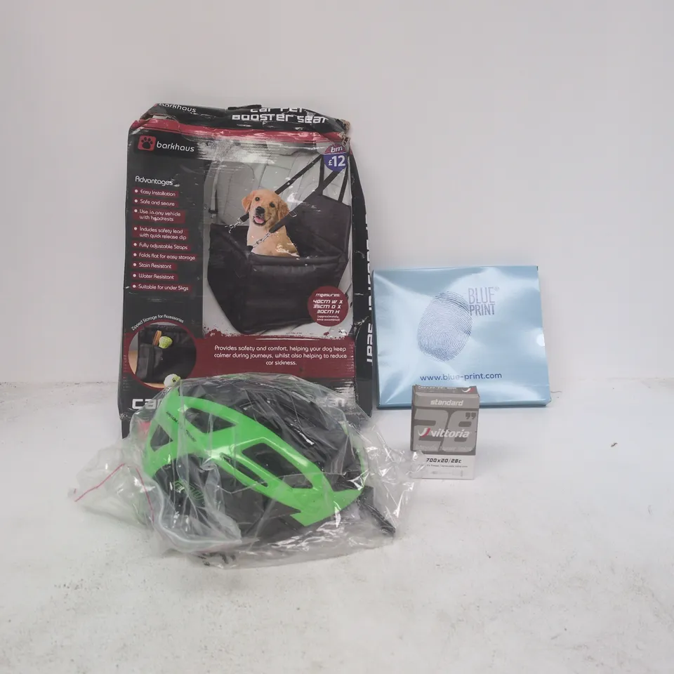 BOX OF APPROXIMATELY 20 ASSORTED AUTO/RELATED ITEMS TO INCLUDE CAR PET BOOSTER SET, BLUE PRINT CABIN FILTER, HELMET, BICYCLE INNER TUBE ETC