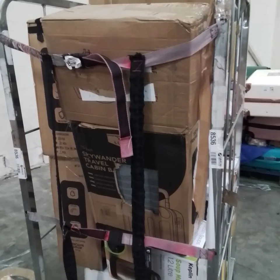 CAGE OF ASSORTED HOUSEHOLD GOODS AND PRODUCTS TO INCLUDE;SUITCASES,SOUP MAKER,AIR FRYERS,PLAYPEN,CHILDREN'S CAR SEAT